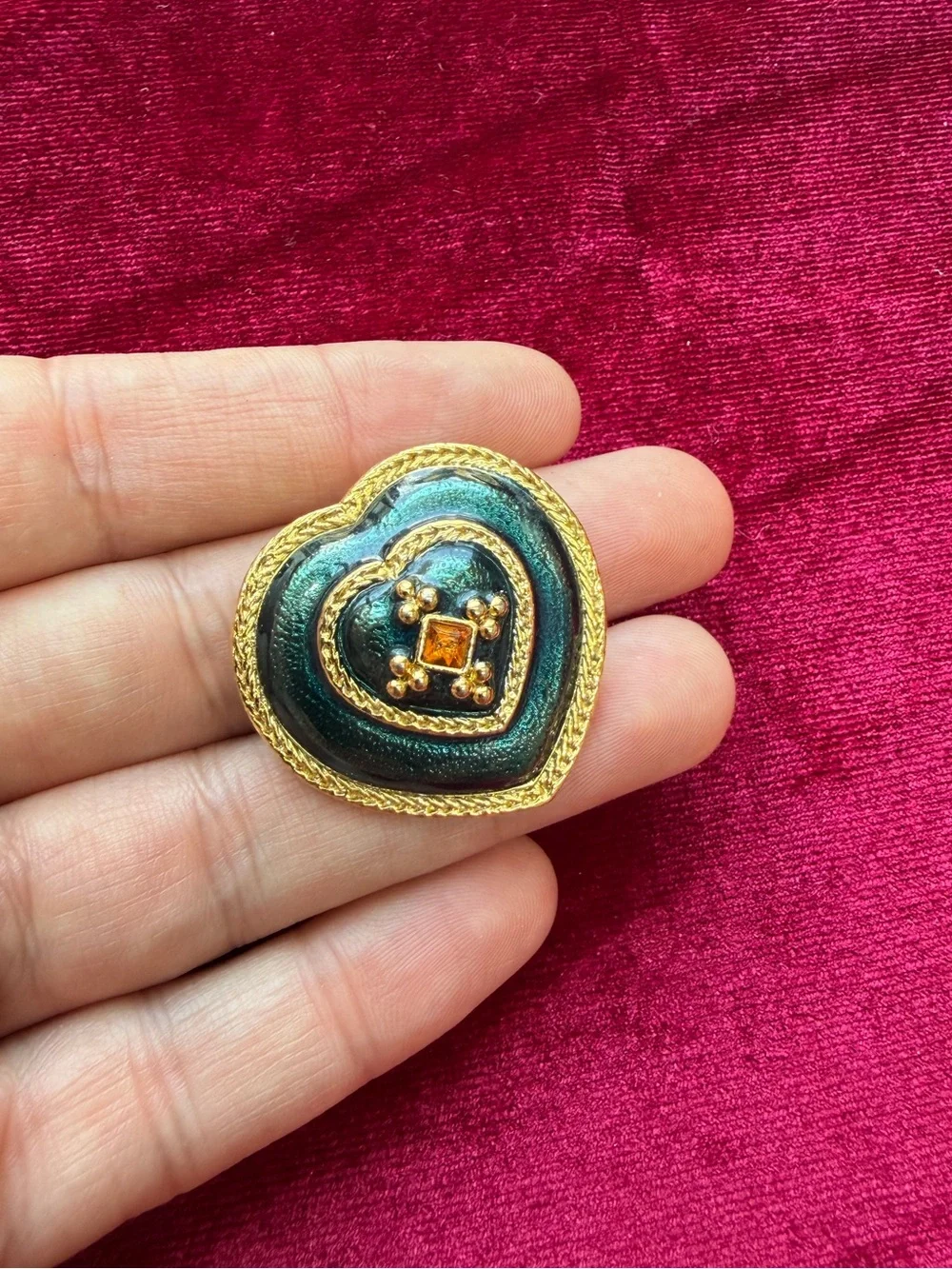 Vintage Heart Green Enamel Brooch